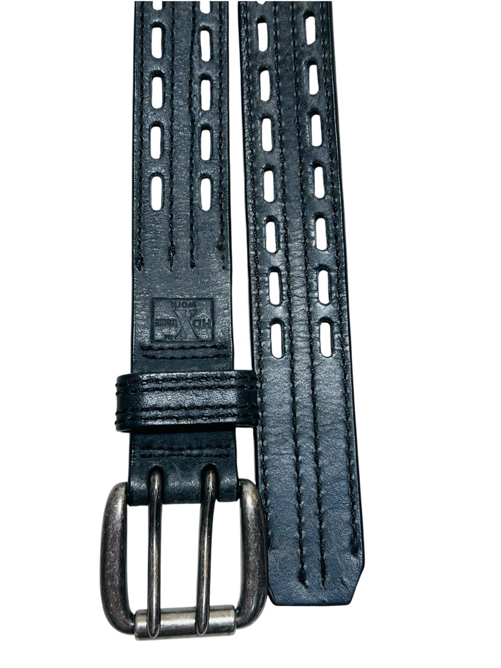 Black Leather Men's Belt with Perforated Design
